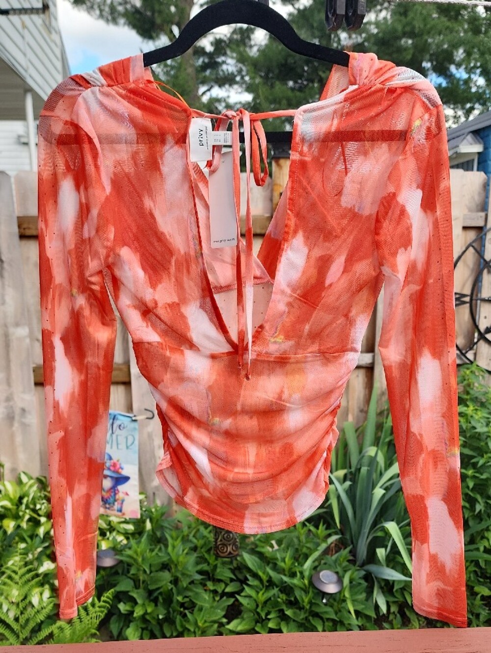 Privy Lethal Looks Rhinestone VNeck TieBack Sheer Lng Sleeve Blouse Orange White - Picture 5 of 15